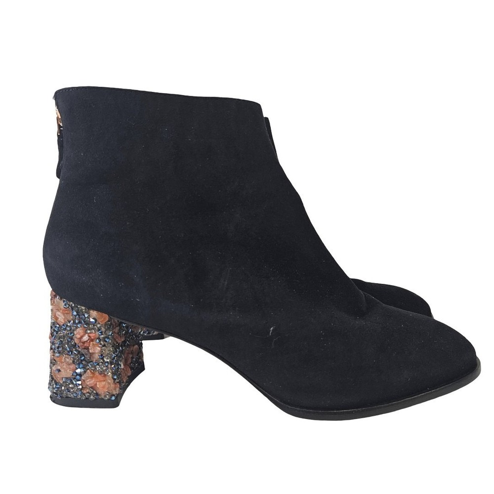 Sophia Webster Stella 7.5/38 Black Suede Ankle Boots Embellish Glitter Rock Heel